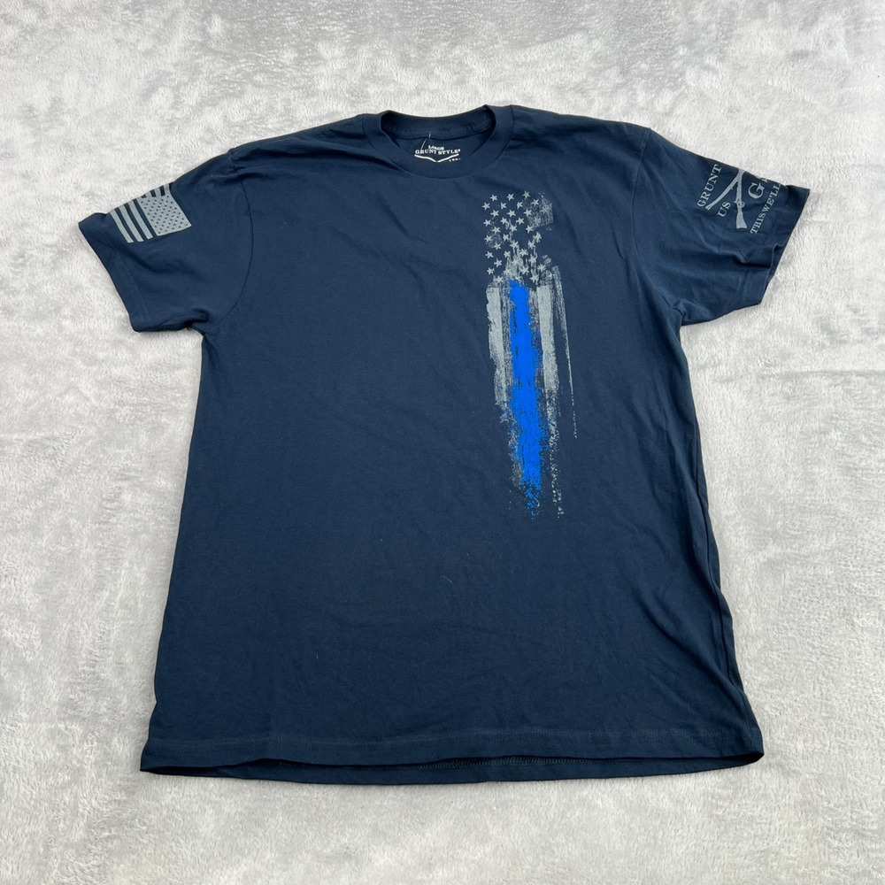 Grunt Style Thin Blue Line Flag T-Shirt L Navy Blue Men Patriotic Graphic Tee